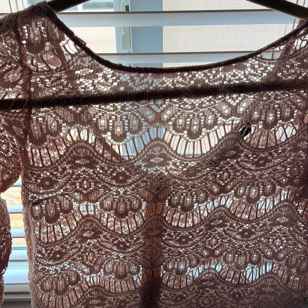 Zara Tan Cropped Embellished Sheer Blouse with 3/4 Sleeves Size Small